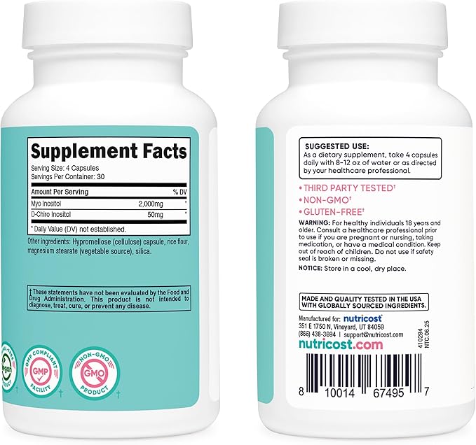 Nutricost Myo Inositol & D-Chiro Inositol for Women 2000mg, 120 Capsules, 2000mg Myo & 50mg D-Chiro Per Serving, 30 Servings, Vegetarian Friendly, Non-GMO & Gluten Free