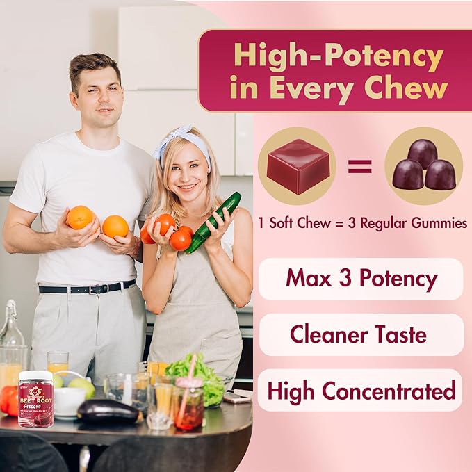 NEVISS Beet Héāŗt Chews 1500mg, Nitric Oxide and Blood Préssũre Support, 5 in 1 Beets Supplements w/Grape Seed, L-Citrulline, Vitamin B6 & B12 for Energy & Circulation Support, 60 Chews, Sugar-Free