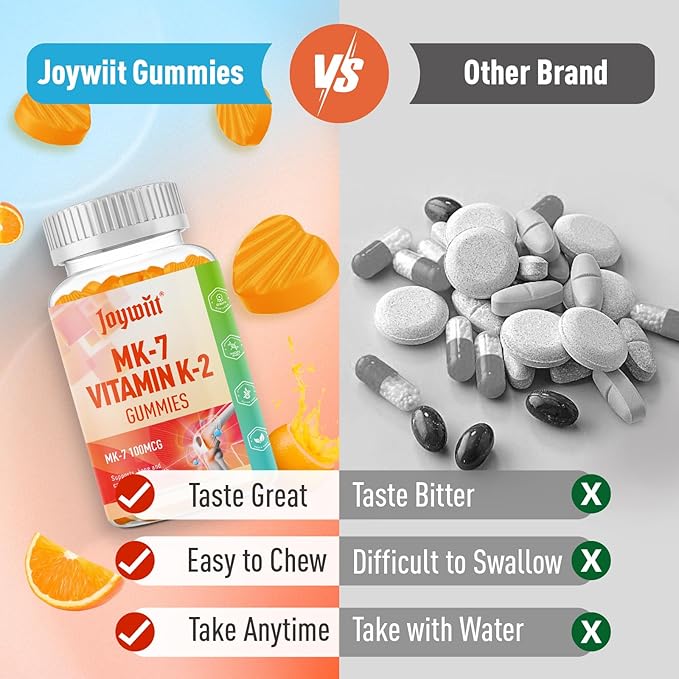 Vitamin K2 MK-7 Gummies 100mcg, Extra Strength K2 Vitamin Supplement for Bone & He-Art Support, Chewable Natural Orange Flavor, Non GMO, Vegan, 60 Gummies