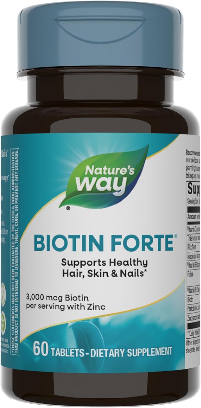 Nature's Way Biotin Forte, Supports Healthy Hair, Skin & Nails*, Hair Skin and Nails Vitamins*, 3000 mcg Biotin per Serving, with Zinc, Vitamin C, B-Vitamins, 60 Tablets (Packaging May Vary)