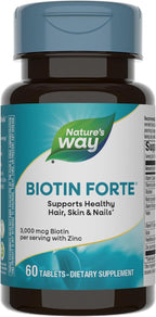 Nature's Way Biotin Forte, Supports Healthy Hair, Skin & Nails*, Hair Skin and Nails Vitamins*, 3000 mcg Biotin per Serving, with Zinc, Vitamin C, B-Vitamins, 60 Tablets (Packaging May Vary)