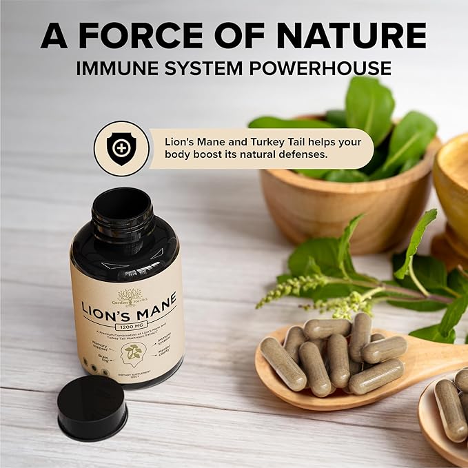 Lion's Mane Supplement Capsules with Turkey Tail for Memory & Focus – 10:1 Mushroom Extract, Brain Fog Support, 1200mg, Third Party Tested, Non-GMO, Vegan, Made in USA, 120 Capsules, 2 Month Supply