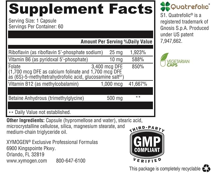 XYMOGEN Methyl Protect - 3,400 mcg 5-MTHF (5-Methyltetrahydrofolate) - Cardiovascular & Neurological Support - Activated Vitamin B Supplement - Vegetarian & Gluten-Free - 60 Capsules