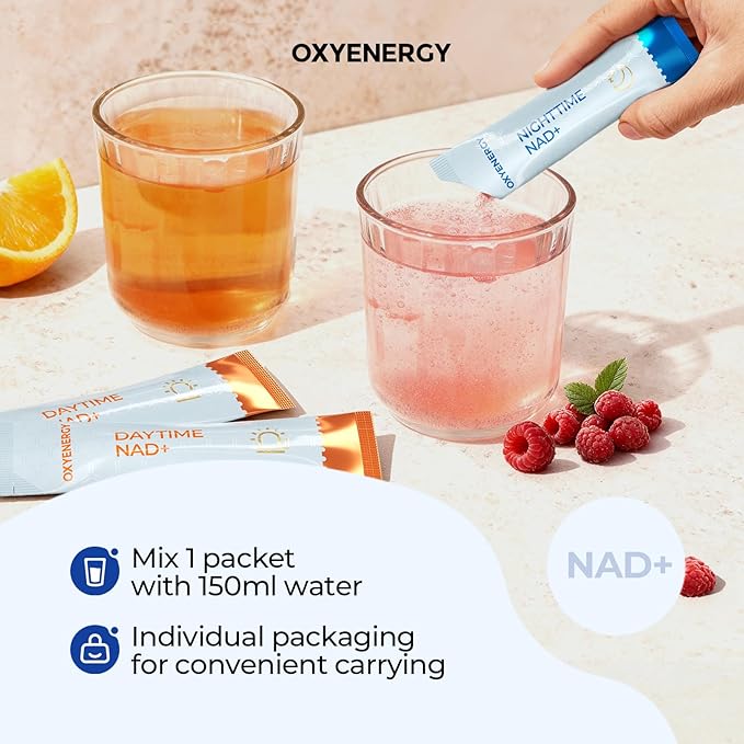 OxyEnergy NAD Supplement 1550 mg-Daytime Nicotinamide Riboside + Nighttime L-Tryptophan with Resveratrol, Glutathione, PQQ, 24-Hour Nonstop Energy, Anti-Aging & Cellular Renewal, 28 Packets