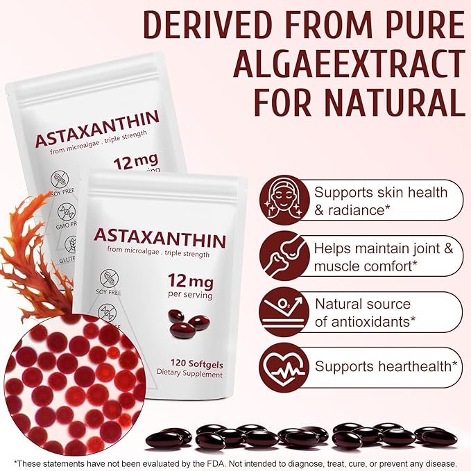 2 Pack Astaxanthin 12mg,Premium Astaxanthin Antioxidant Supplements with Antioxidant Activity, Supports Eye, Immune, Joint, Skin Health, Internal Circulation