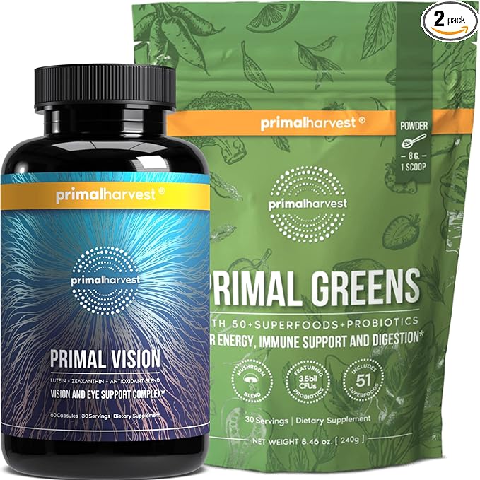 Primal Harvest Greens Powder & Vision Supplements for Women and Men Vision and Eye Support Complex with Lutein, Zeaxanthin Bundle