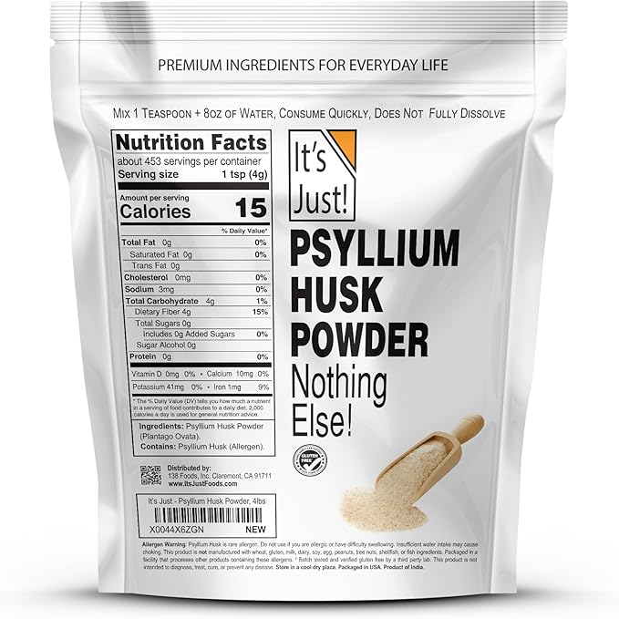 It's Just! - Psyllium Husk Powder, Easy Mixing Dietary Fiber, Cleanse Your Digestive System, Finely Ground Powder, Ideal for Keto Baking, Non-GMO (4 Pound (Pack of 1), Natural/No Added Flavor)