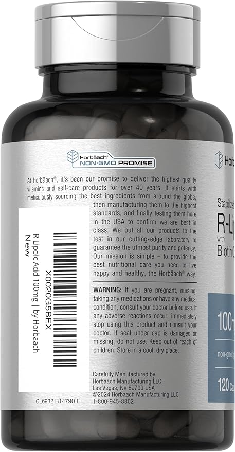 Horbaach R-Lipoic Acid 100 mg | 120 Capsules | with Biotin Optimizer | Non-GMO, Gluten Free | Stabilized R-Lipoic Acid Supplement