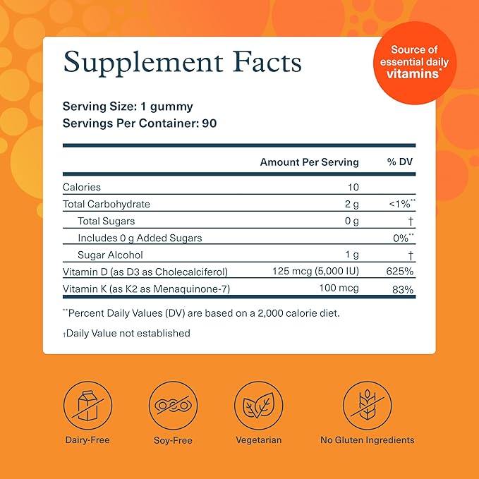 Youtheory K2D3 - Immune, Bone & Heart Health Support - Combines Vitamin D3 & Vitamin K2 - Dairy, Soy & Gluten Free - 90 Vegetarian Capsules