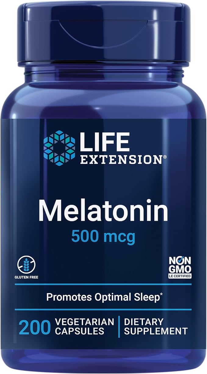 Life Extension Melatonin, 500 mcg – Gently Promotes Sleep, Low Dose, Value Size – Non-GMO, Gluten-Free, Vegetarian – 200 Capsules