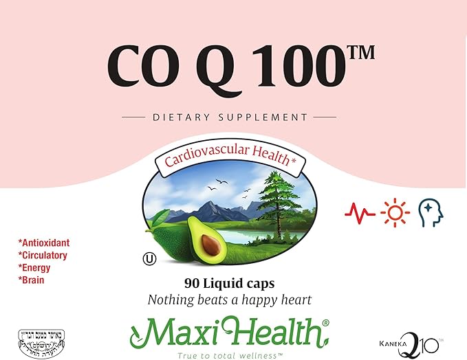 Maxi Health COQ10 100mg Capsules – 100mg Coenzyme Q10 for Heart & Energy Support – Kosher Certified CO Q 10 Supplement – Non-GMO and Gluten-Free Heart Health Supplements - 90 Liquid Capsules