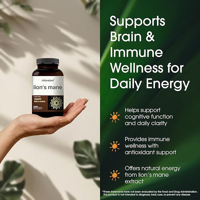 NatureBell Lion’s Mane - 240 Capsules - Organic Fruiting Body & Mycelium - Brain, Immune & Energy Support* - High-Potency Extract - Non-GMO & Gluten-Free