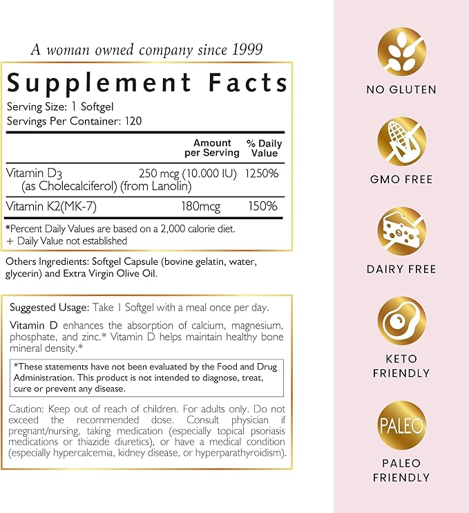 Cocó March N.M.D Vitamin D3+K2 10,000 IU - High Potency Supplement for Women & Men, Immune Support, Bone & Joint Health - Gluten-Free, Non-GMO, 4 Month Supply, 250 mcg D3, 180 mcg of Vitamin K2
