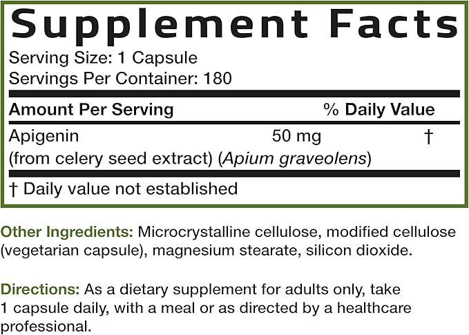 Bronson Apigenin 50mg Apium Graveolens Once Daily Formula, 180 Vegetarian Capsules