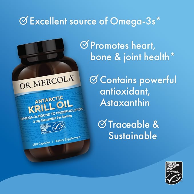 Dr. Mercola Antarctic Krill Oil, 1,000 mg per Serving, Omega-3 Supplement with EPA, DHA, Phospholipids & Astaxanthin, Supports Heart, Brain & Immune Health, Non-GMO, Soy-Free, 180 Capsule (90 Serving)