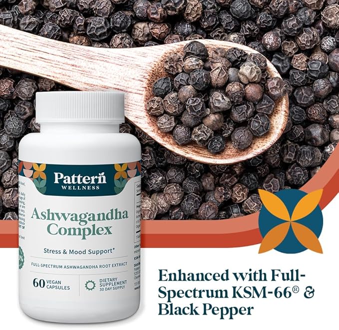 Pattern Wellness Ashwagandha Complex for Men & Women – Organic KSM-66® & Black Pepper Extract – Supports Stress Response & Energy Balance – Non-GMO – 120 Vegan Capsules