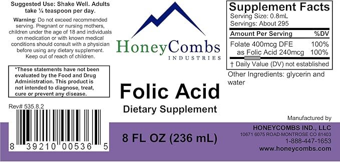 HoneyCombs Vitamin B9 Liquid Drops - High Potency Liquid Vitamin B9 Folic Acid Supplement for Women - Maintain Healthy Liver, Pregnancy, & Overall Health - Cold Pressed Vegan Vitamins Drops (8 Fl oz)