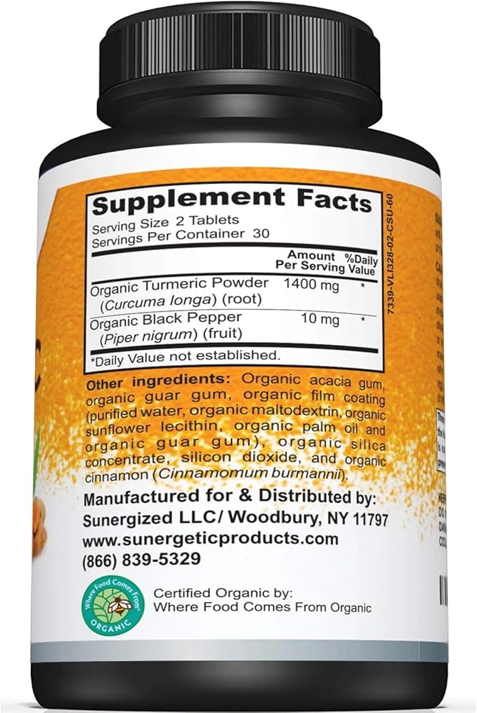 USDA Certified Organic Turmeric Supplement – Includes Organic Turmeric & Organic Black Pepper – 1,400mg of Turmeric per Serving - 60 Count (Pack of 1)