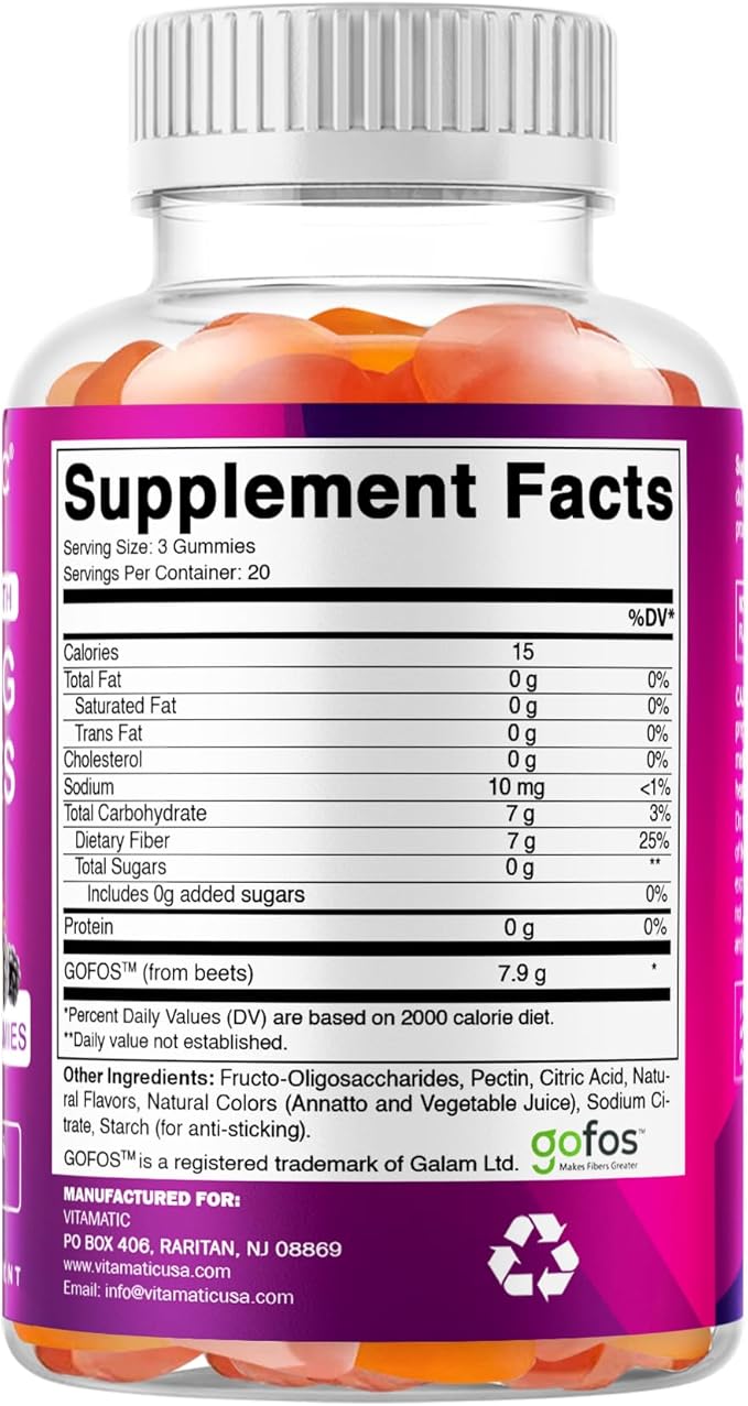 Vitamatic Prebiotic Fiber Gummies for Adults – 2 Pack (Total 120 Gummies) 7g Fiber per Serving | Extra Strength | Zero Sugar Added | Pectin-Based | Digestive Health & Regularity Support