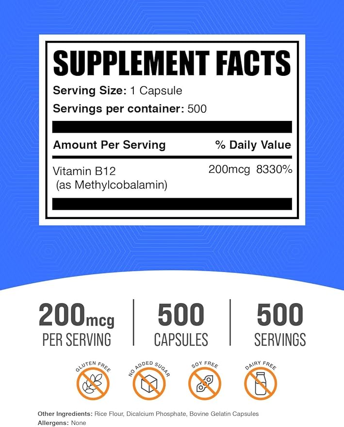 BulkSupplements.com Vitamin B12 Methylcobalamin Capsules - B12 Vitamin Supplement, B12 200mcg, for Energy Support - Gluten Free, 1 Capsule per Serving, 500 Capsules (Pack of 1)