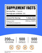 BulkSupplements.com Vitamin B12 Methylcobalamin Capsules - B12 Vitamin Supplement, B12 200mcg, for Energy Support - Gluten Free, 1 Capsule per Serving, 500 Capsules (Pack of 1)
