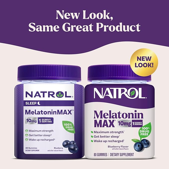 Natrol Melatonin 10mg Sleep Aid Supplement, 80 Count MelatoninMax Gummies, Blueberry Flavor, 10 mg Melatonin Gummies for Occasional Sleeplessness, 80 Day Supply