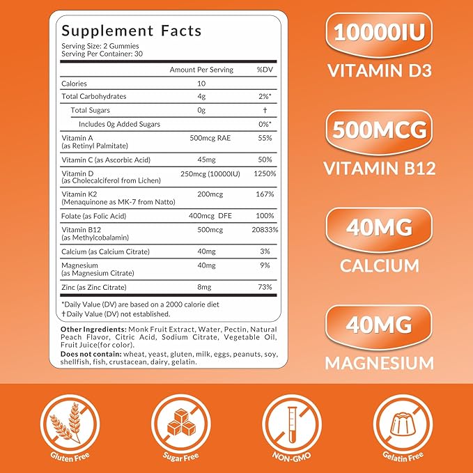 Vitamin D3 B12 Gummies, Vitamin D and B12 Gummy Suppment with Vitamin A, C, K, Calcium, Magnesium, Zinc for Women & Men