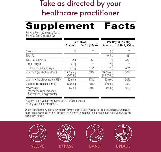 Bariatric Advantage Calcium Citrate Chewable 500 mg - for Bariatric Surgery Patients - High-Potency, Easy-Digest Tablets - Calcium Citrate - Bone Strength Supplements* - 90 Count - Wild Cherry