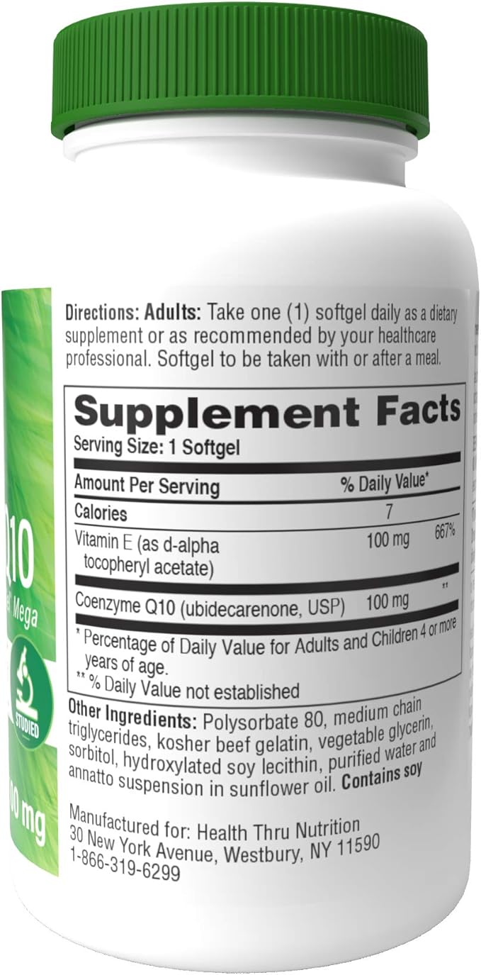 Health Thru Nutrition Q-Gel CoQ-10 100mg with Vitamin E: 3X Absorption, Clinically Studied for Cardiovascular & Mitochondrial Support (60 Softgels)