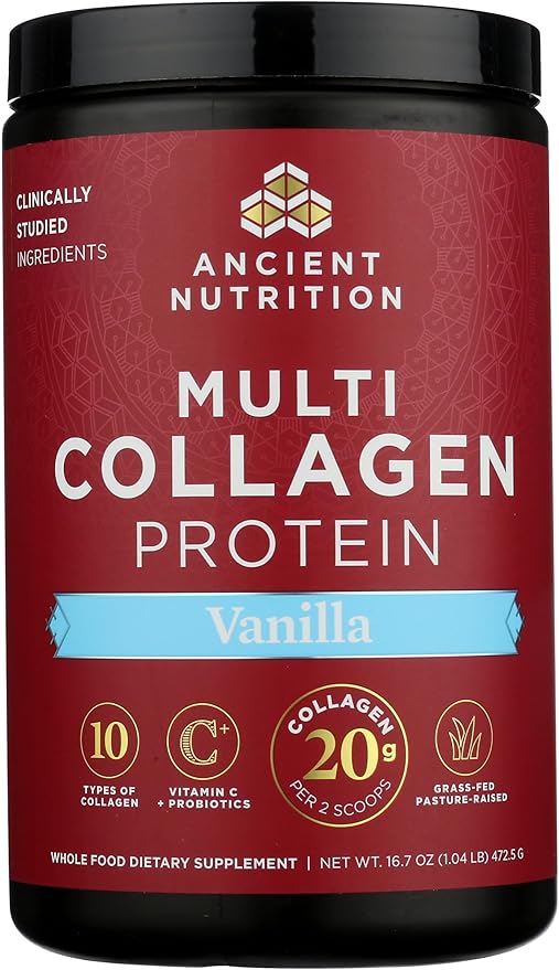 Ancient Nutrition Collagen Peptides Powder, Multi Collagen Protein, Women & Men, Vitamin C, Probiotics, Hydrolyzed Collagen, Supports Skin, Joints, Gut Health, Vanilla, 45 Servings