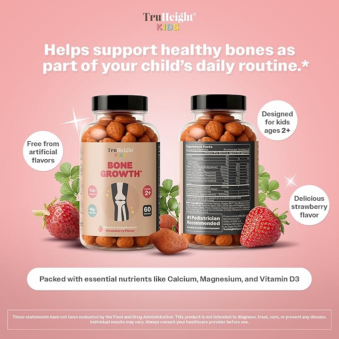 TruHeight Kids Bone Growth Gummies (Strawberry, Ages 2+) Tall Nutrition for Natural Growth for Kids & Toddlers - Vitamin D, Calcium, K, Magnesium Multivitamin, Bone Strength Vitamins, D3 K2, Taller