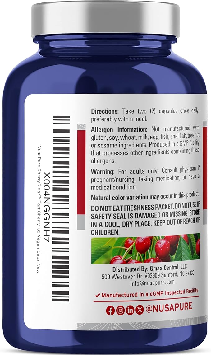 NusaPure CherryClear Tart Cherry Capsules, 900 mg, 60 Vegan Capsules (Non-GMO, Vegan)