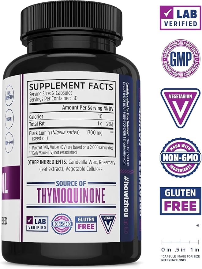 ZHOU Black Seed Oil Capsules - Black Cumin Seed Oil Cold Pressed, Nigella Sativa, Pure Unrefined Blackseed, Premium Supplement for Health, Hair & Skin w/Thymoquinone - 60 Capsules (Pack of 2)