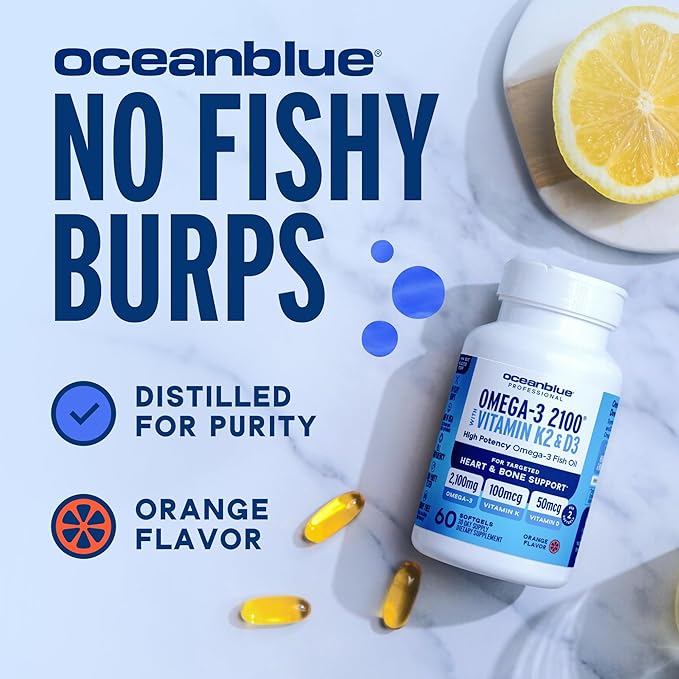 Oceanblue Professional Omega-3 2100 with Vitamin K2 & Vitamin D3 - Triple Strength Burpless Fish Oil Omega-3 Supplement with EPA & DHA - Wild Caught - Orange Flavor - 180 Count
