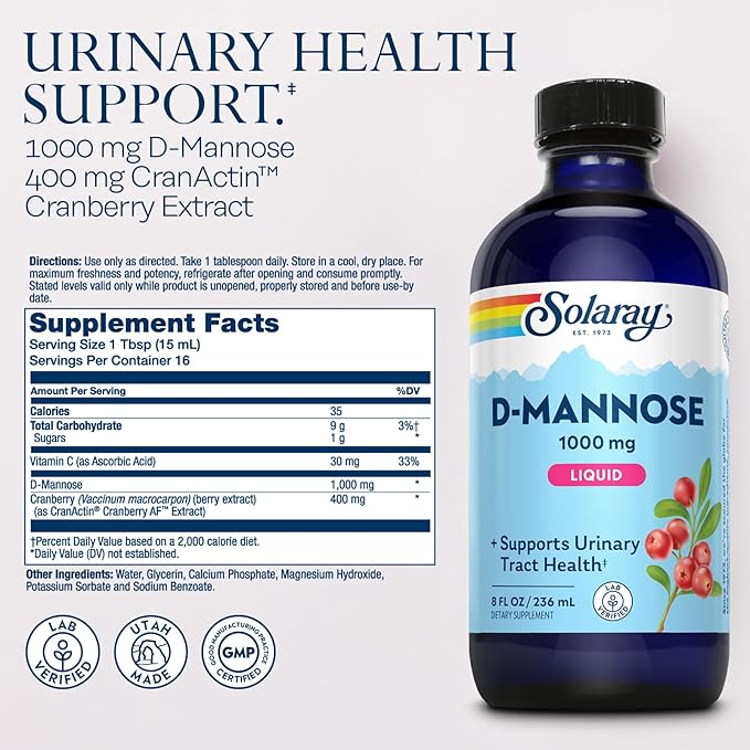 SOLARAY D-Mannose 1000 mg Liquid Formula with CranActin Cranberry Extract - D Mannose Cranberry Supplement for Women & Men, Urinary Tract & Bladder Health Support with Vitamin C - 8 fl oz
