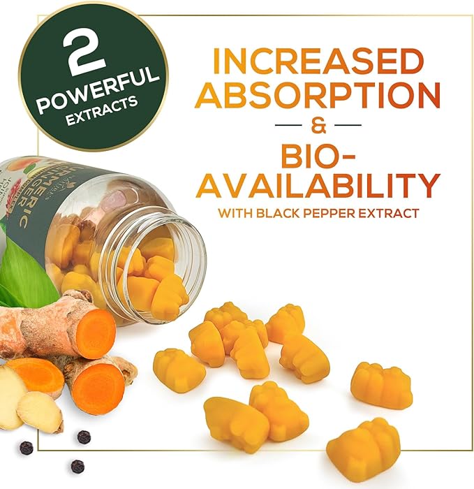 Turmeric Curcumin Supplement Gummies - 95% Curcuminoids with Turmeric & Ginger, Black Pepper for Best Absorption, Nature's Vegan Joint Support, Non-GMO, Gluten Free, Tasty Peach Flavor - 120 Gummies
