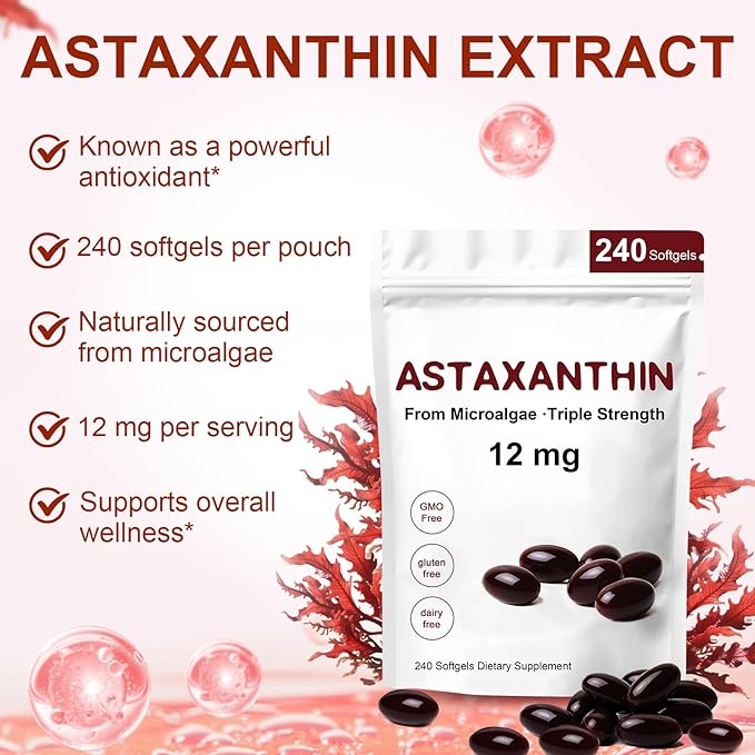 Astaxanthin 12mg,240 Softgels,Premium Astaxanthin Antioxidant Supplements,Supports Eye,Skin,Immune,Internal Circulation,Non-GMO, Gluten Free, No Soy-8 Month Supply