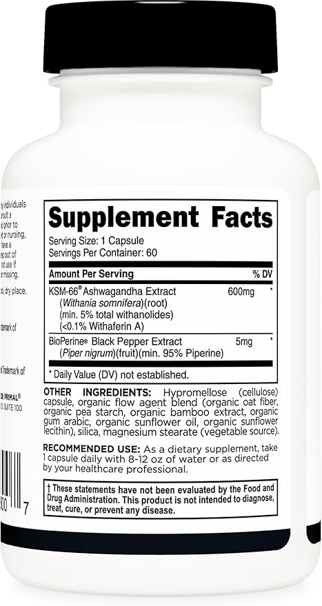 Primal KSM-66 Ashwagandha Complex (60 Capsules / 60 Servings, 600 mg Per Serving) - KSM-66 Ashwagandha with Black Pepper Extract, Gluten Free, Non-GMO