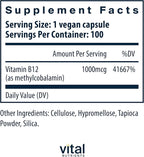 Vital Nutrients Vitamin B12 1000mcg - Vegan - Methylcobalamin for Metabolism, Cognitive & Nervous System Health* - High-Potency B12 Supplement - Gluten, Dairy, Soy Free - 100 Capsules