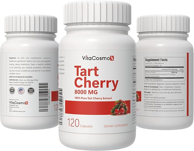 Tart Cherry Extract Supplement, 8000 mg, 120 Capsules, 60 Servings 100% Vegetarian, Non-GMO & Gluten Free