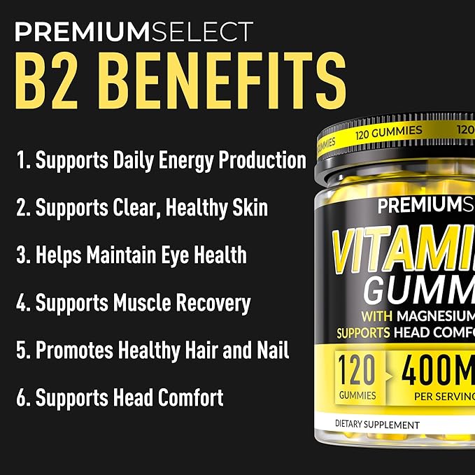 Vitamin B2 Gummies Riboflavin 400mg – 120 Gummies with Magnesium, CoQ10 & Vitamin B2 for Adults – Sugar Free B2 Vitamin 400mg for Energy, Head Comfort & Nervous System Support