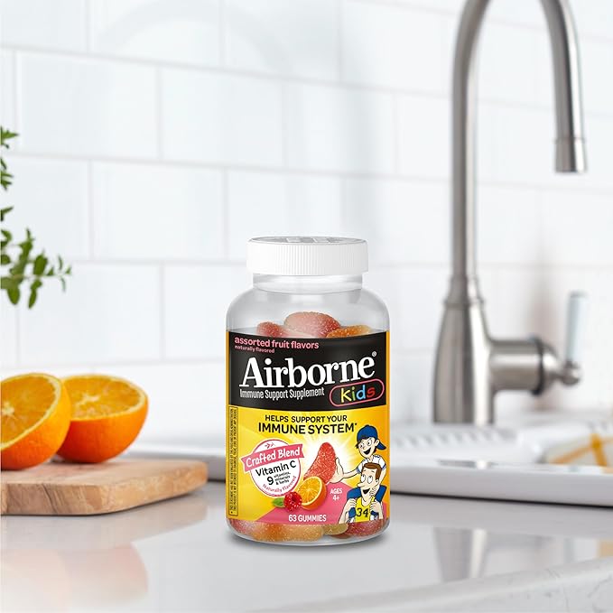 Airborne 500mg Vitamin C + Zinc Immune Support Supplement Gummies for Kids, Assorted Fruit Flavor, Gluten Free Crafted Blend with Powerful Antioxidants Vitamins C & E, 63 Gummies