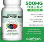 Maxi Health Omega Yums 1000 - Kid Friendly - Fruity Burst Flavor - 110 Softgel Capsules - Kosher