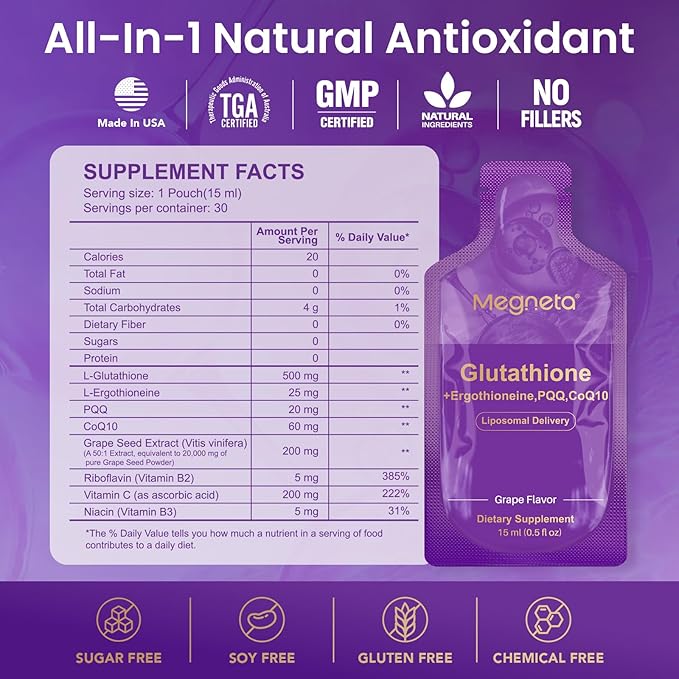Liposomal Glutathione Supplement – 500mg Glutathione with PQQ, CoQ10 & Vitamin C – High Absorption Antioxidant for Immune & Energy Support – Grape Flavor, 30 Pouch