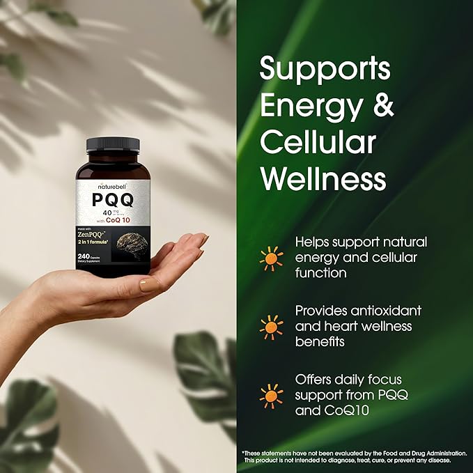 NatureBell PQQ with CoQ10-240 Capsules - 40mg Active PQQ with 10mg Coenzyme Q10 - Cellular Energy & Cognitive Function Support - Antioxidant Nutrients for Heart & Brain Health*