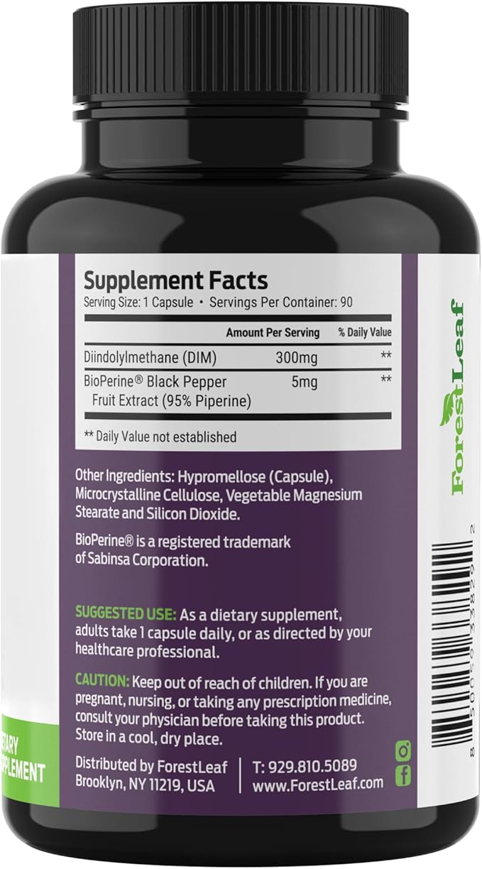 ForestLeaf DIM Supplement - 300mg DIM Estrogen Supplement for Women/Men - Diindolylmethane with BioPerine Black Pepper - Support for Detox, Metabolism, Hormone Balance & Menopause - 90 Caps