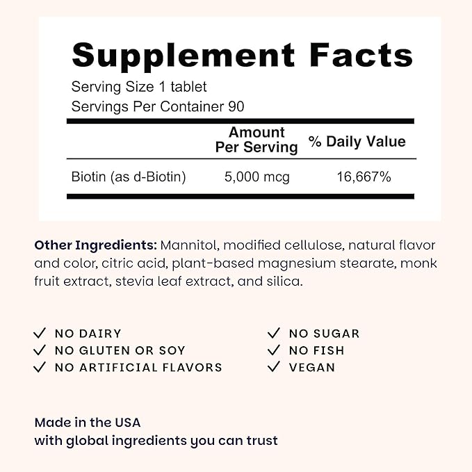 EZ Melts Biotin - Daily Vitamin B7 for Healthy Hair, Skin & Nails - Energy Metabolism Support - No Artificial Flavors - Non-GMO & Vegan - Strawberry Burst - 90 Dissolvable Tablets (90 Servings)