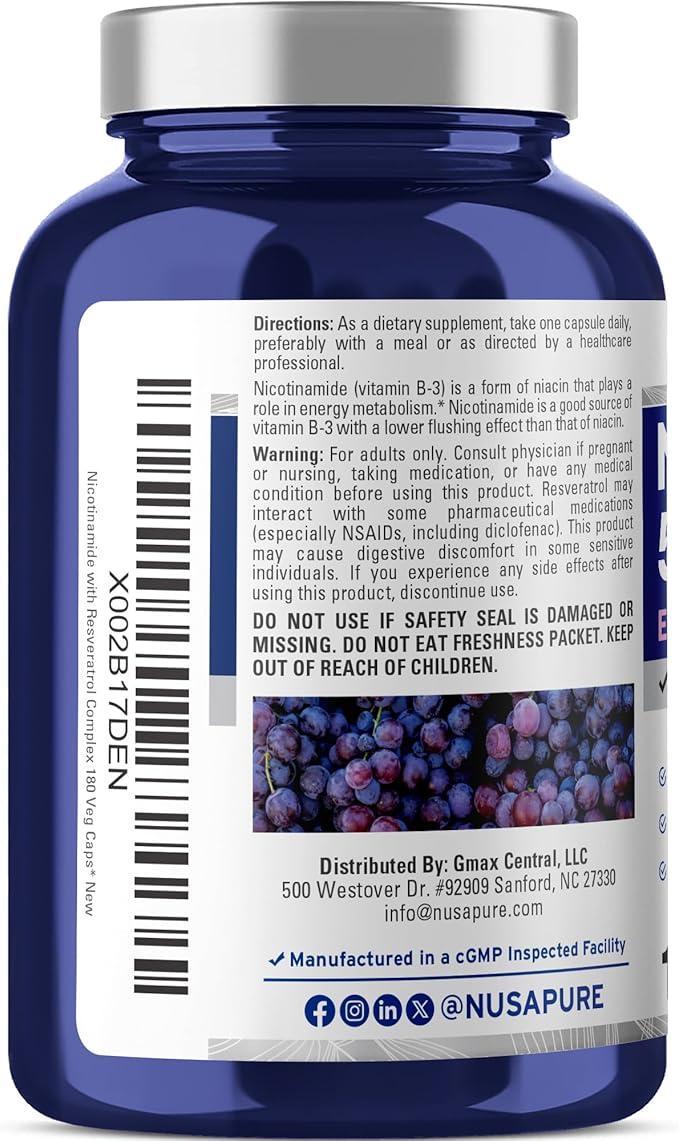 NusaPure Nicotinamide with Resveratrol (Vitamin B-3) 500 mg - 180 Vegetarian Caps (Non-GMO & Vegan)