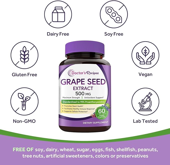 Doctor's Recipes Grape Seed Extract, 500 mg Standardized Extract with 95% Proanthocyanidins, Non-GMO, Antioxidant Support, Heart, Immune & Skin Health, 60 Veg Caps