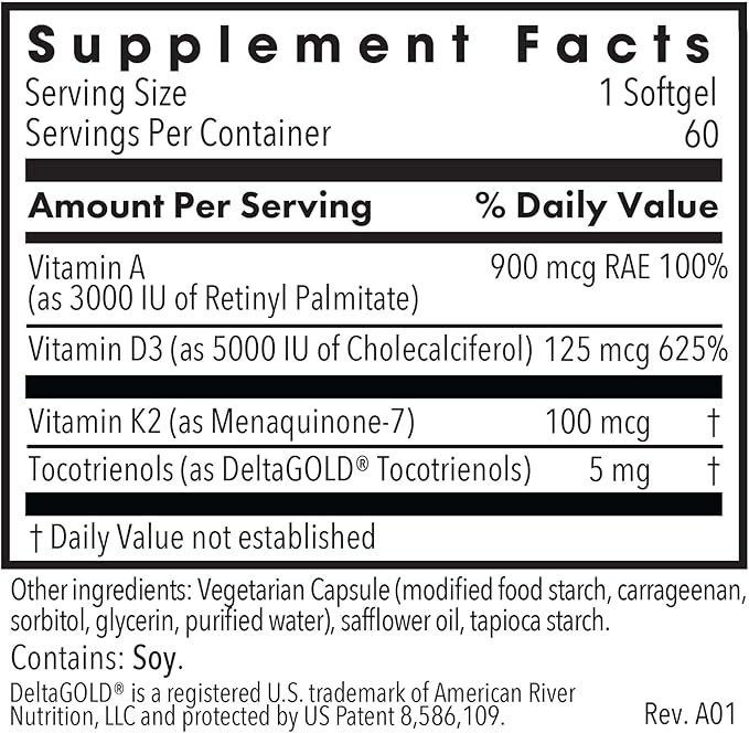 Allergy Research Group Vitamin D3 Complete 5000 - Delivers 125 mcg Vitamin D3 - with Vitamin A & K2 - Supports Bone Strength, Immune Balance & Healthy Mindset - 60 Servings - 60 Capsules